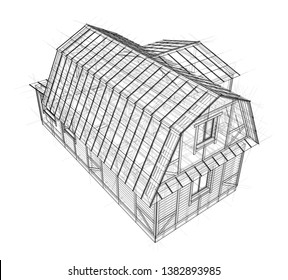 House sketch. Vector rendering of 3d. Wire-frame style