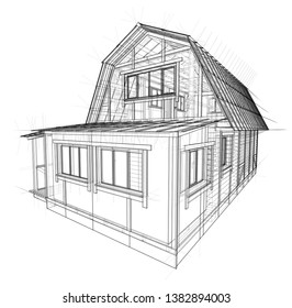 House sketch. Vector rendering of 3d. Wire-frame style