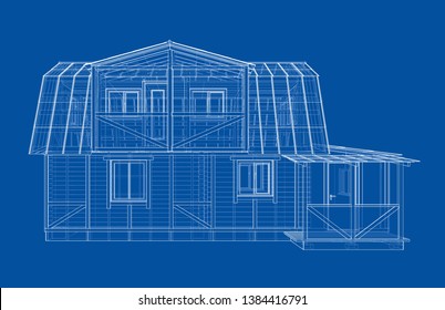 House sketch. Vector rendering of 3d. Wire-frame style