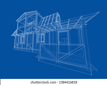 House sketch. Vector rendering of 3d. Wire-frame style