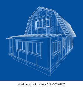 House sketch. Vector rendering of 3d. Wire-frame style
