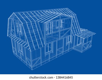 House sketch. Vector rendering of 3d. Wire-frame style