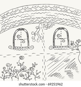 House sketch with windows and flowers