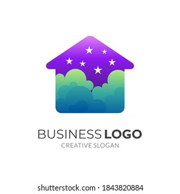 logotipo del cielo de la casa, casa y cielo, logotipo combinado con estilo de color 3d púrpura y verde