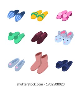 House Slipper 3d Icon Set Isometric View Classic Casual Shoe, Sandal and Flop. Vector illustration of Icons