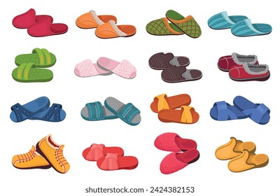 House slippers. Cartoon home shoes. Warm and cozy. Flip flops and soft boots. Felt, fur and leather footgear. Comfortable footwear for bedroom. Domestic clothing