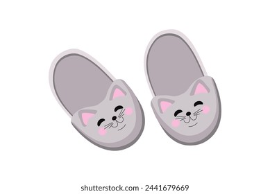 House slippers, cute pet, cute gray cat. Pair fluffy cute kitten shoes. Cartoon flat home warm comfortable sleeping shoes with animal head. Isolated on white background.