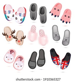 House Slippers Icon Set. Collection of Cartoon Female, Male and Children's Slippers Isolated on White. Vector Illustration. Flip Flops, Shoes.