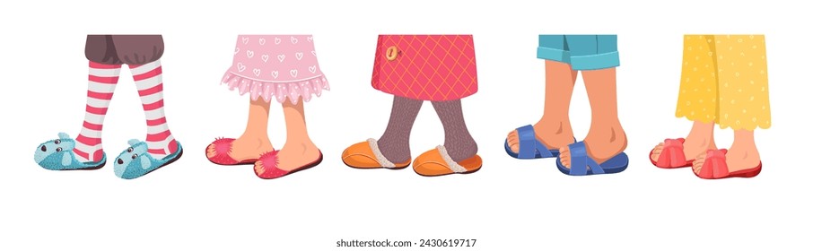 House slippers on human legs. Comfortable home shoes. Soft warm materials. Children's feet in knee socks and stockings. Felt and fur footwear. Domestic clothing. Splendid