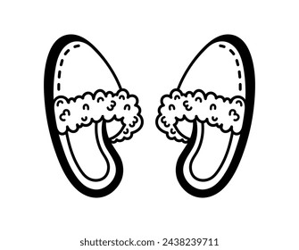 House slippers vector icon. Soft fluffy pair of shoes for bathroom, bedroom, hotel, spa. Fuzzy sheepskin footwear, warm accessory. Hand drawn doodle isolated on white. Clipart for print, logo, web