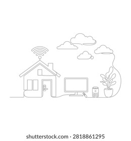 A house with smart devices and a TV connected to the internet with a plant and a router