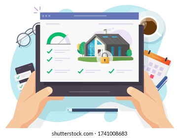 House and smart home security lock monitoring check software online system on computer device or digital apartment connected to smart alarm remote distance control, wireless secure tech vector