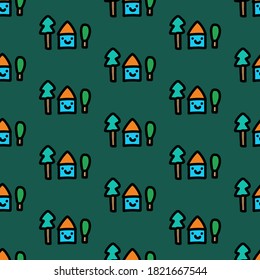 House smiling and trees hand drawn vector seamless pattern in cartoon doodle style tiny village