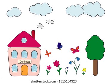 House with smoke chimney and garden with tree, flowers, butterflies, sky with clouds. Child color hand drawing style