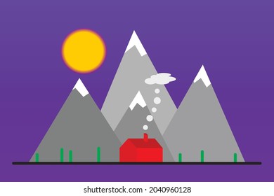 House with smoke and mountains and the sun in the background landscape