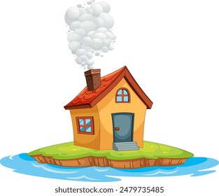 A house with smoke on a tiny island
