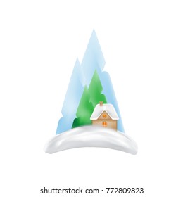 House in the snow against a background of mountains and a Christmas tree isolated on white background. Vector for christmas and new year.