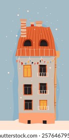 House in the snow, background of sky and snowflakes, vector christmas house