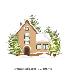 House in the snow, big firs, snowdrifts and snowfall. Vector object, isolated on white background. To create holiday cards for the new year and Christmas. Winter landscape.