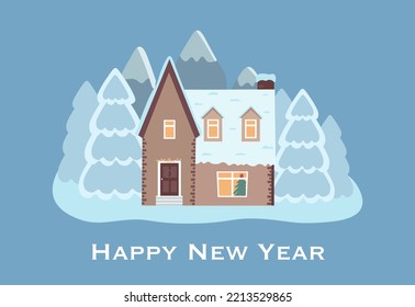 House in the snow. Christmas card background poster. Vector illustration.