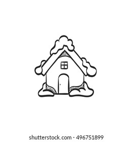 House with snow icon in doodle sketch lines. December Christmas