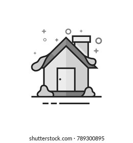 House with snow icon in flat outlined grayscale style. Vector illustration.