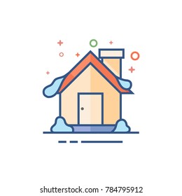 House with snow icon in outlined flat color style. Vector illustration.