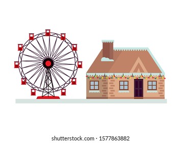house with snow and panoramic wheel winter season vector illustration design