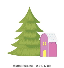 house with snow and pine tree christmas isolated icon vector illustration design