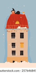 House in the snow stands against the background of sky and snowflakes, vector house