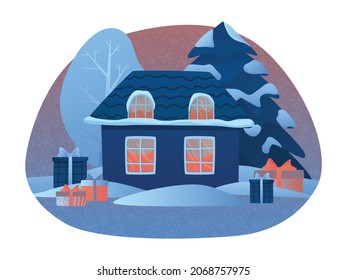 A house in the snow. Vector illustration hand-drawn in cartoon style. Winter mood