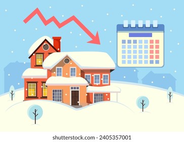 La casa nevó, fuerte ilustración vectorial de nevada. Calendario, flecha hacia abajo en el fondo. Aumento de precipitación mensual, clima, concepto de pronóstico