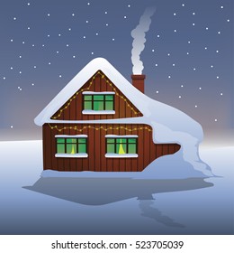 House in snowfall. Vector illustration.