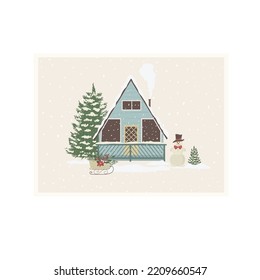 House with Snowman. Winter Season Card. Vector.
