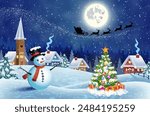 A house in a snowy Christmas landscape at night. christmas tree and snowman. background with moon and the silhouette of Santa Claus flying on a sleigh. concept for greeting or postal card