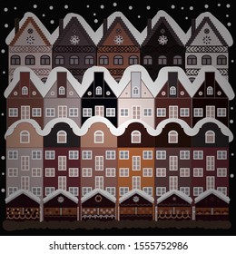 A house in a snowy Christmas landscape at night. Concept for greeting or postal card. Vector illustration. Christmas tree and snowman.