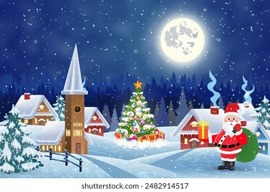 A house in a snowy Christmas landscape at night. christmas tree and Santa Claus with gift bag. concept for greeting or postal card