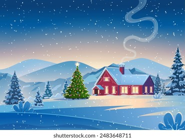 A house in a snowy Christmas landscape at night. christmas tree. concept for greeting or postal card