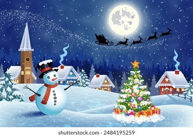 A house in a snowy Christmas landscape at night. christmas tree and snowman. background with moon and the silhouette of Santa Claus flying on a sleigh. concept for greeting or postal card