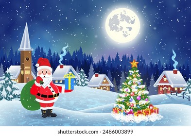 A house in a snowy Christmas landscape at night. christmas tree and Santa Claus with gift bag. concept for greeting or postal card