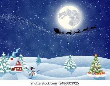 A house in a snowy Christmas landscape at night. christmas tree and snowman. background with moon and the silhouette of Santa Claus flying on a sleigh. concept for greeting or postal card