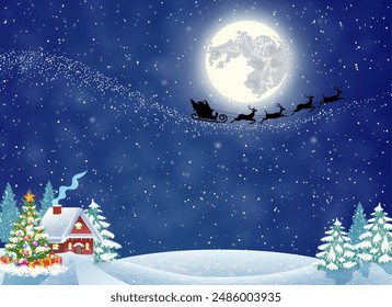 Ein Haus in einer verschneiten Weihnachtsmusiken-Landschaft bei Nacht. Weihnachtsbaum. Hintergrund mit Mond und die Silhouette des Weihnachtsmannes auf einem Schlitten fliegen. Konzept für Gruß- oder Postkarte