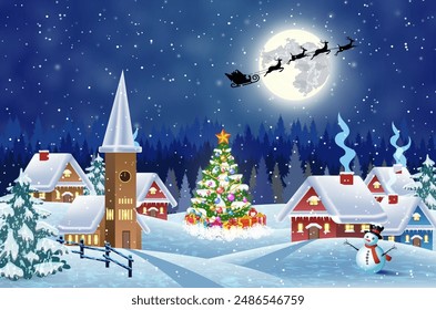 Una casa en un paisaje de Navidades nevadas por la noche. árbol de navidad y muñeco de nieve. fondo con la luna y la silueta de Santa Claus volando en un trineo. concepto de saludo o postal