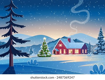 A house in a snowy Christmas landscape at night. christmas tree. concept for greeting or postal card