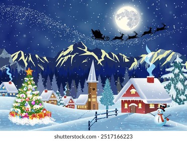 A house in a snowy Christmas landscape at night. christmas tree and snowman. background with moon and the silhouette of Santa Claus flying on a sleigh. concept for greeting or postal card