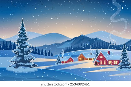 A house in a snowy Christmas landscape at night. christmas tree. concept for greeting or postal card