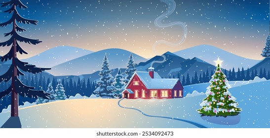 A house in a snowy Christmas landscape at night. christmas tree. concept for greeting or postal card. Winter snow landscape and houses with snowflakes falling from sky. vector illustration.