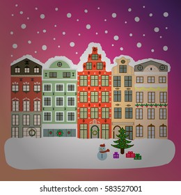 A house in a snowy Christmas landscape at night. Vector illustration. Christmas tree and snowman. Concept for greeting or postal card.