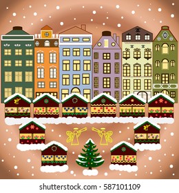 A house in a snowy Christmas landscape at night. Vector illustration. Christmas tree and snowman. Concept for greeting or postal card.