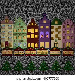 A house in a snowy Christmas landscape at night. Christmas tree and snowman. Vector illustration. Concept for greeting or postal card.